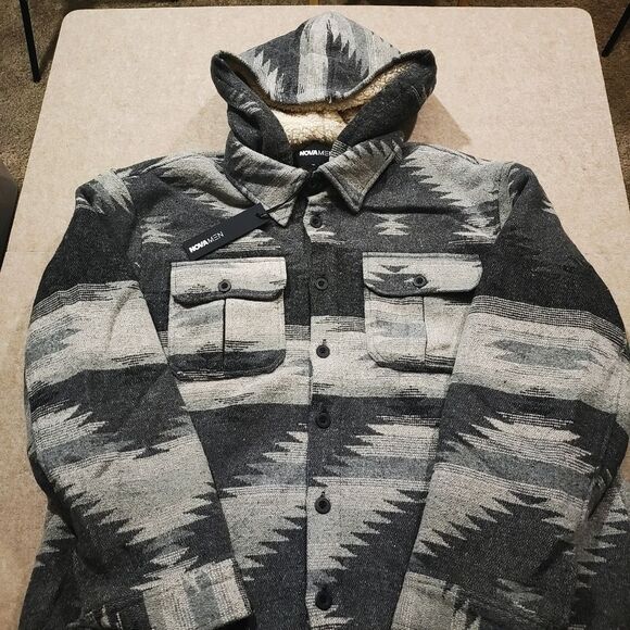Mens Lightweight Hooded Sherpa Print Shacket -C - Picture 5 of 6